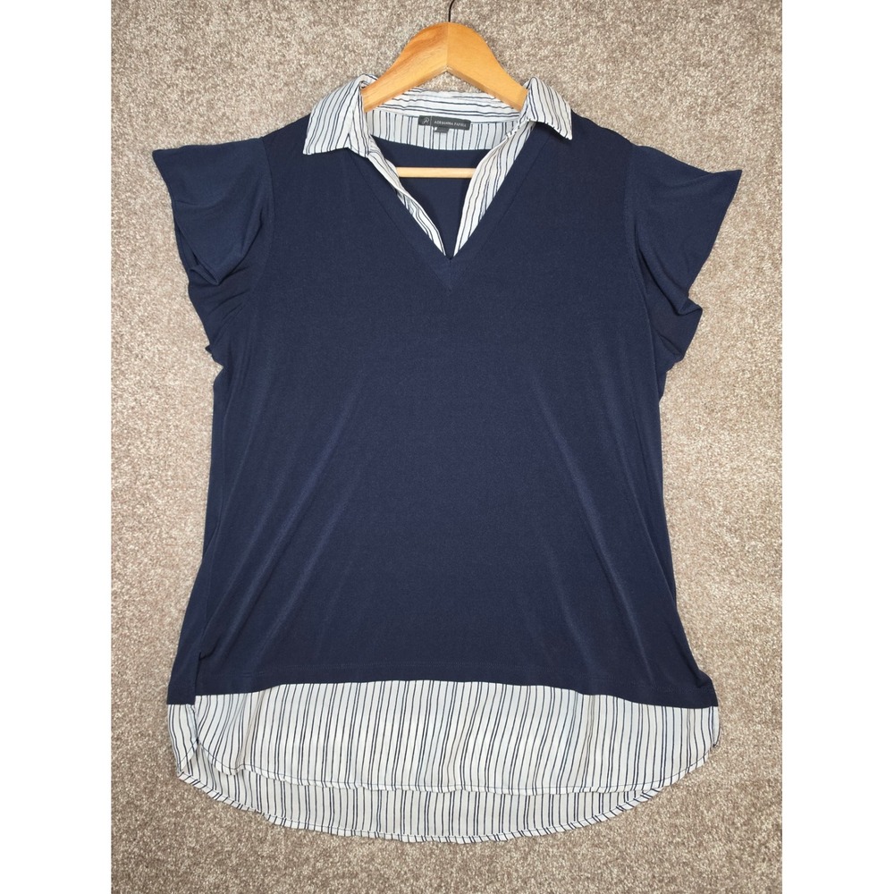Adrianna Papell Womens Navy Blue Striped Mixed Media Flutter Sleeve Top Medium